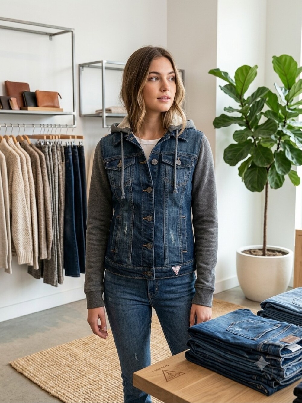 Guess Blue Denim Jacket with Gray Knit Sleeves & Hood,  Size Small